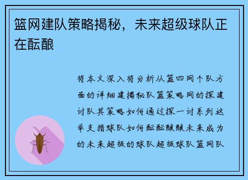 篮网建队策略揭秘，未来超级球队正在酝酿